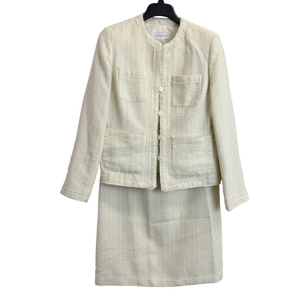Jaclyn Smith Womens Cream Tweed Skirt Suit Set Fringe Trim Metallic Size 8